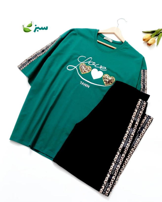 ست نیمه آستین تیشرت و شلوار نخ پنبه سه قلب