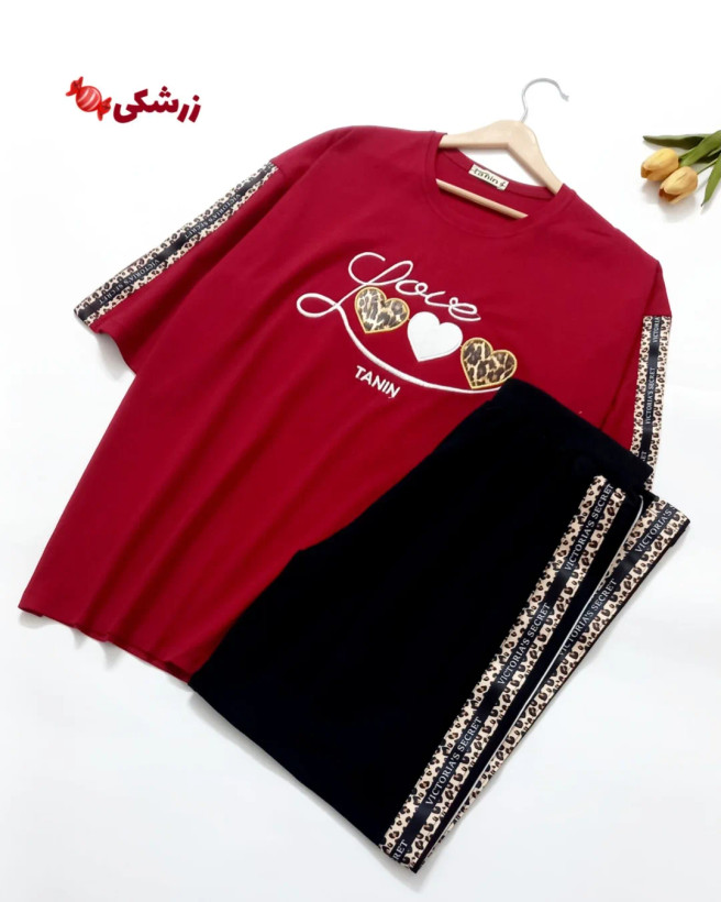 ست نیمه آستین تیشرت و شلوار نخ پنبه سه قلب