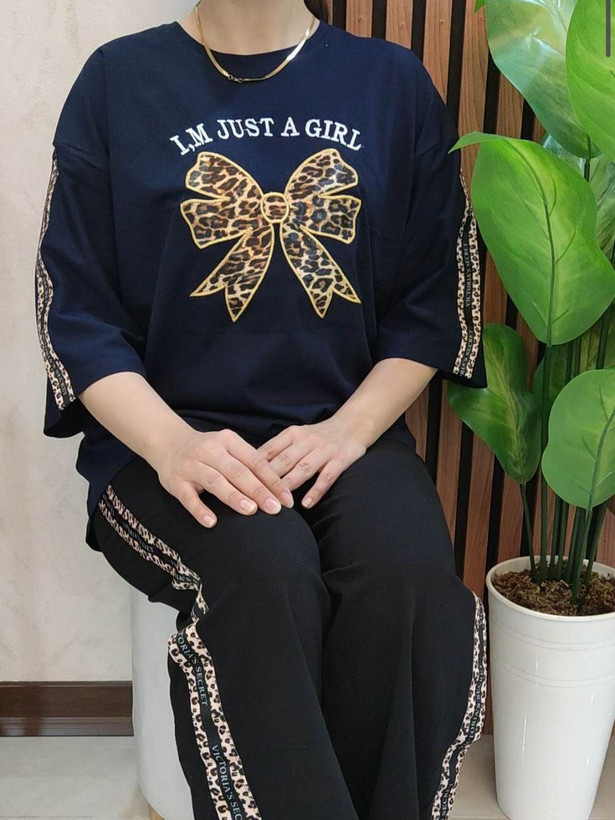 ست نیمه آستین تیشرت و شلوار نخ پنبه تک پاپیون